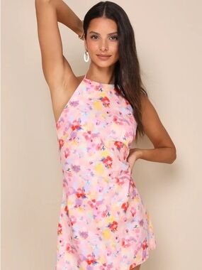 Lulu's Pink Multi-Color Floral Halter Mini Dress with open tie back size L | NWT